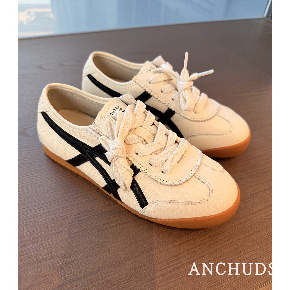 ANCHUDSS 真皮德训鞋女系带平底小白鞋软底百搭休闲运动阿甘鞋