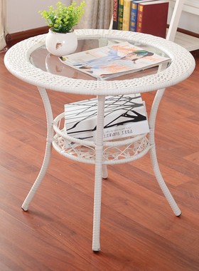 小茶几小圆桌藤编休闲喝茶桌边桌简约现代简易家用阳台白色储物几