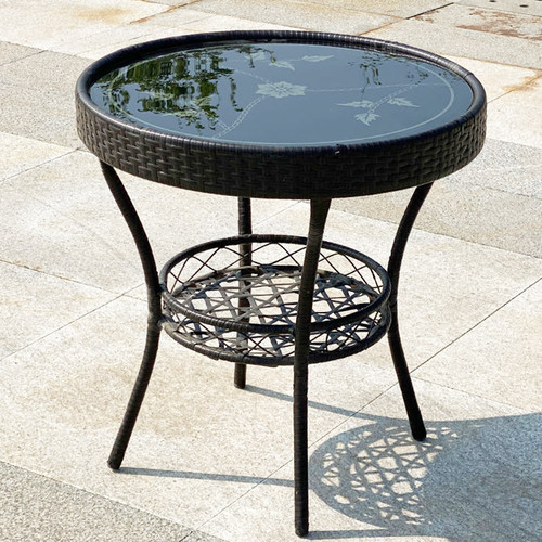 茶几圆桌阳台休息餐桌家用钢化印花玻璃编织简约桌饭桌室内户外桌