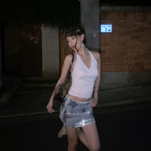 Y2K甜辣风星星烫银挂脖小背心
