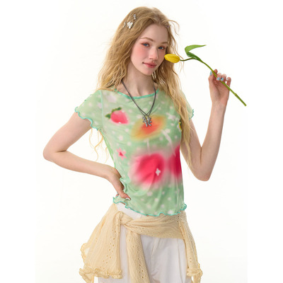 ziziFei夏新款美式复古设计感波边网纱上衣樱桃波点绿色短袖t恤女