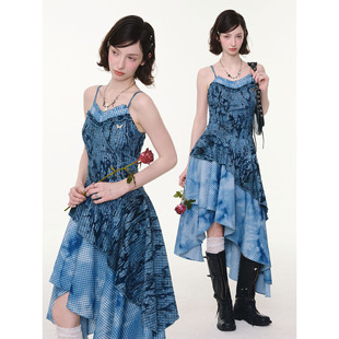设计感做旧雾染不规则蓝色格纹吊带连衣裙女 夏季 ziziFei 夜雾