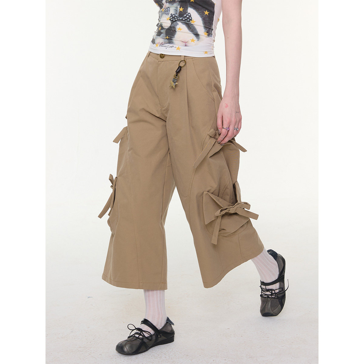 ziziFei''森系漫游者''夏卡其色工装口袋蝴蝶结七分直筒休闲裤女