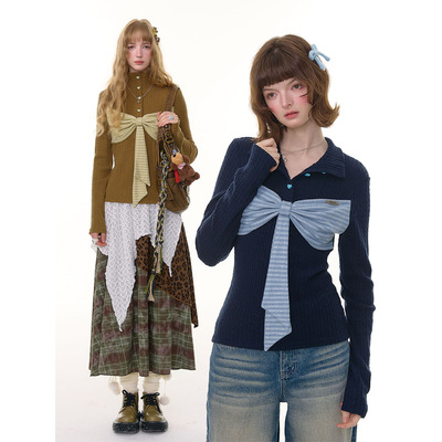 ziziFei秋冬美式设计感撞色拼接蝴蝶结半高领上衣长袖t恤针织衫女