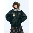 ziziFei秋冬季 复古设计感毛领加厚豹纹毛绒黑色pu皮衣外套女 美式