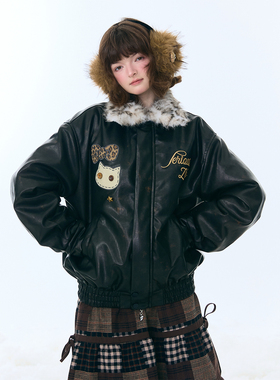 ziziFei秋冬季美式复古设计感毛领加厚豹纹毛绒黑色pu皮衣外套女