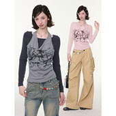 兔影絮梦 春秋新款 兔子印花修身 ziziFei 显瘦挂脖上衣长袖 t恤女