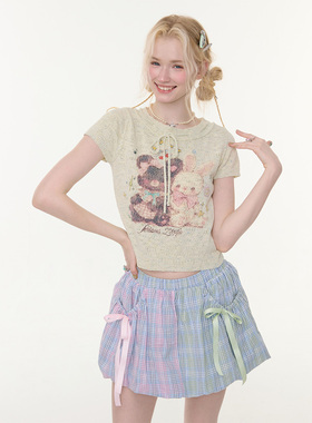 ziziFei''熊兔画报''夏复古浅绿色熊兔印花上衣绑带圆领短袖t恤女