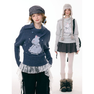 ziziFei''萌兔绕星''秋冬设计感斜领口兔子印花长袖t恤针织上衣女