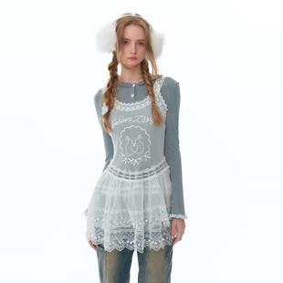 ziziFei秋冬季 设计感小众兔子刺绣网纱透明蕾丝花边打底连衣裙女