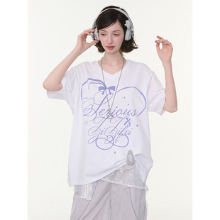 V领字母印花上衣白色宽松基础短袖 夏季 t恤女 星落甜心 ziziFei
