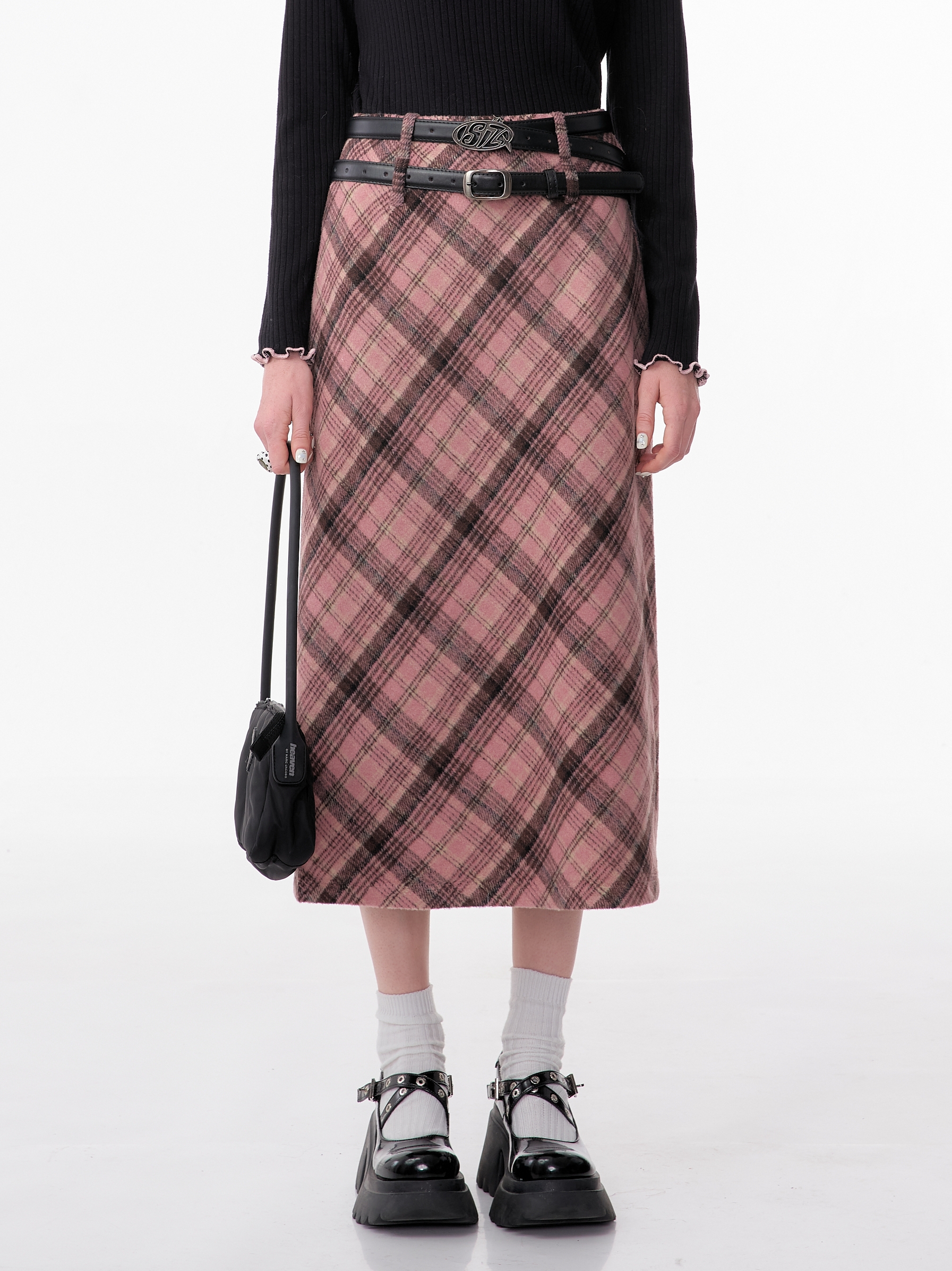 美式复古粉格子半身裙