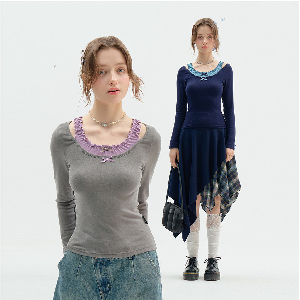 ziziFei秋冬设计感芭蕾风假两件蝴蝶结挂脖修身显瘦针织打底衫女