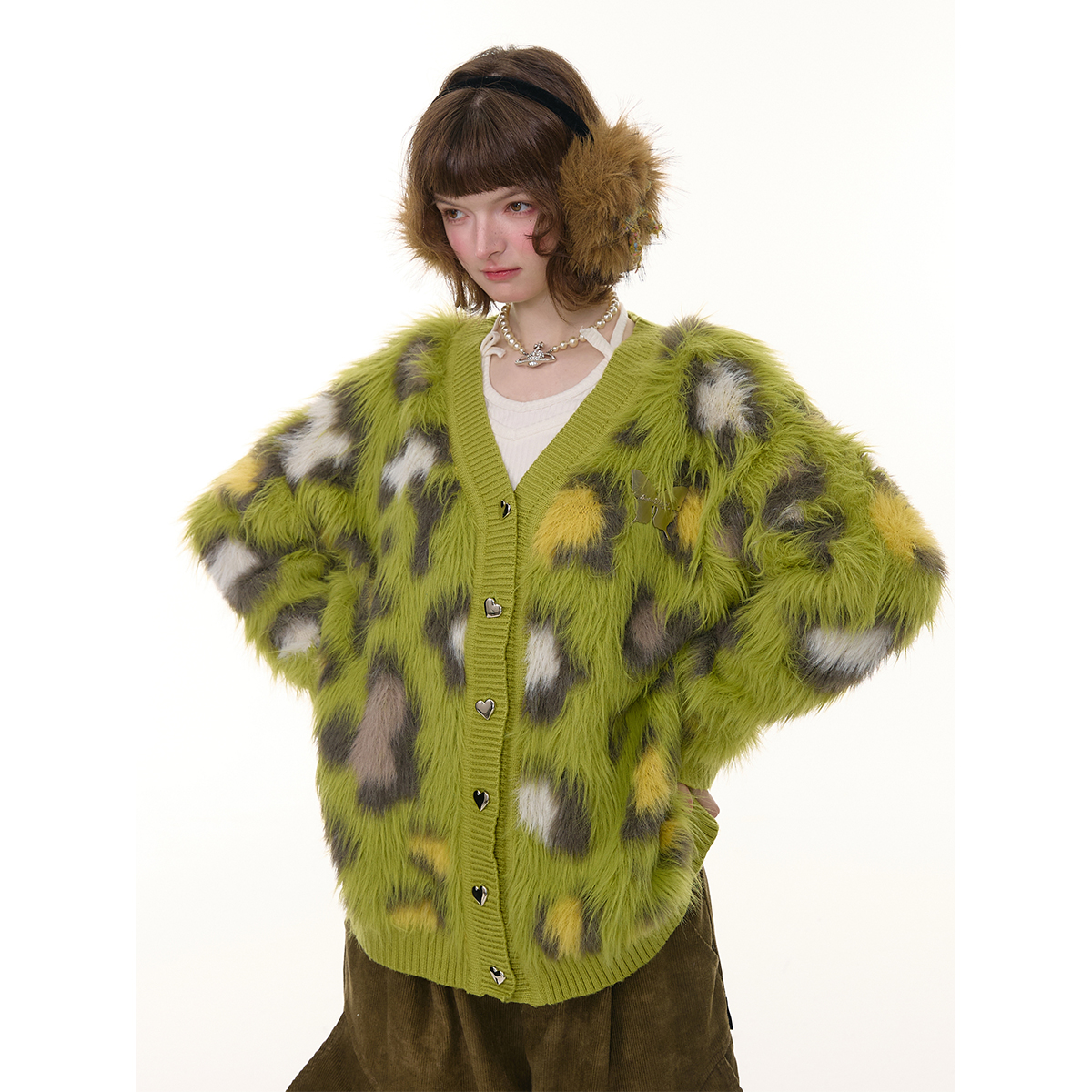 ziziFei秋冬新款温柔软糯慵懒风美式复古绿色豹纹毛衣开衫外套女