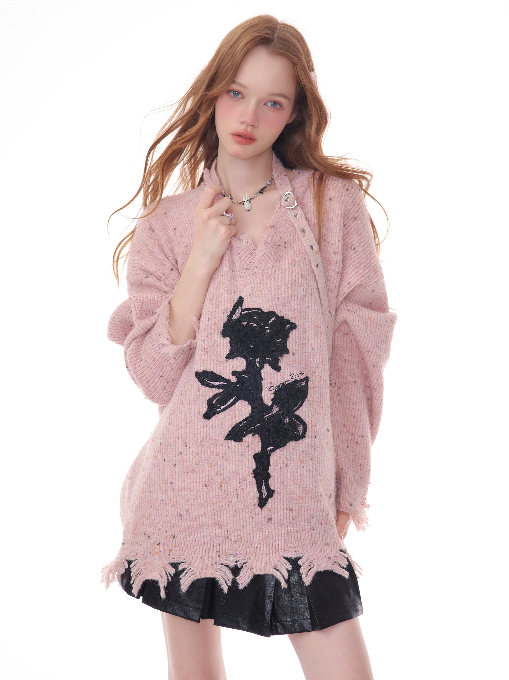 玫瑰花毛衣高领套头宽松长袖