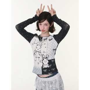 黑白撞色上衣蝴蝶结兔子印花长袖 春秋季 t恤女 拽萌兔绘 ziziFei