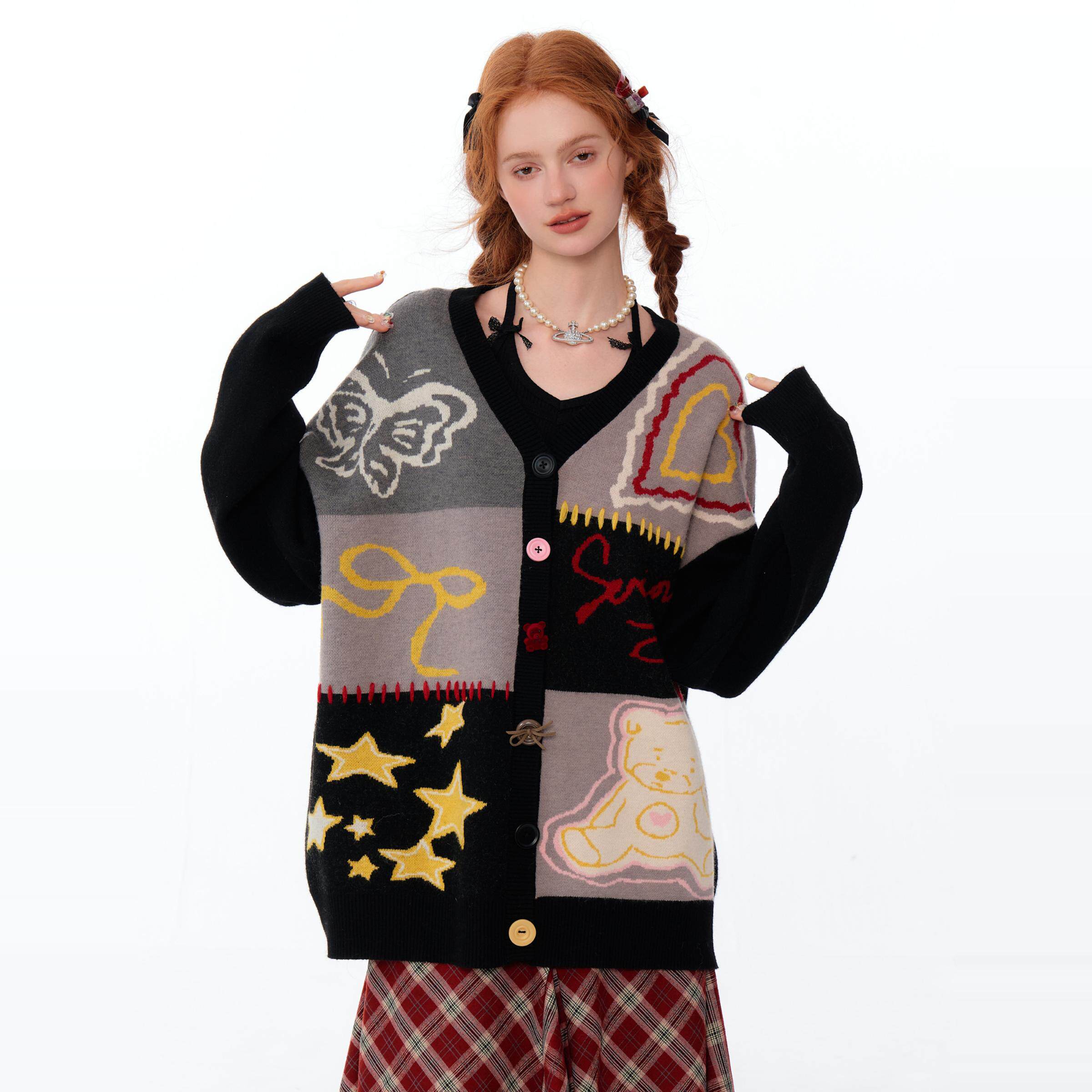 ziziFei秋冬季新款美式复古设计感涂鸦感撞色V领毛衣开衫外套女,女装/女士精品,毛衣,淘宝优惠券,粉丝福利购,淘宝优惠卷