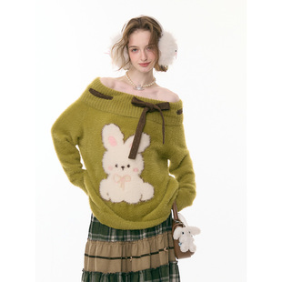 ziziFei 秋冬蝴蝶结半高领毛绒兔子绿色软糯毛衣女 黄油抹茶兔