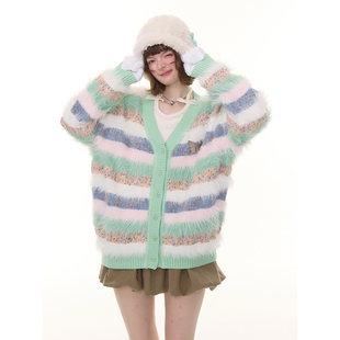ziziFei秋冬美式 外套女 复古设计感绿色撞色条纹毛绒软糯毛衣开衫