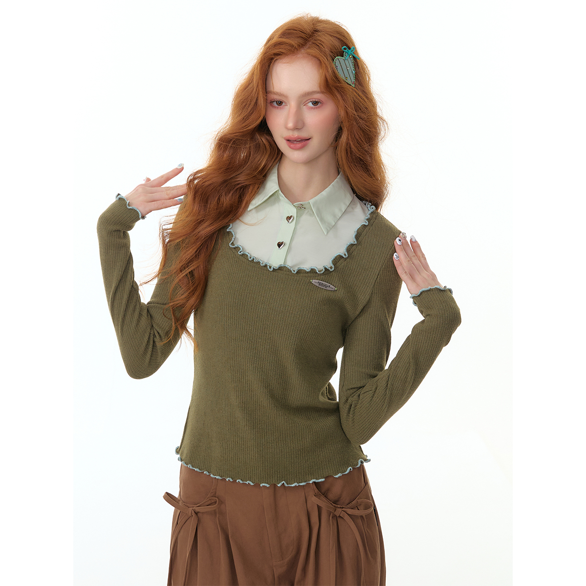 ziziFei秋冬设计感木耳边假两件polo领橄榄绿打底针织衫长袖t恤女