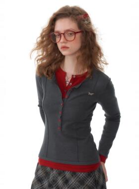 ziziFei秋冬季设计感假两件上衣撞色修身显瘦深灰色针织打底衫女