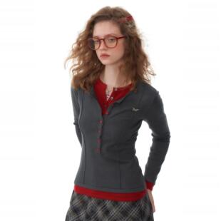 女 显瘦深灰色针织打底衫 ziziFei秋冬季 设计感假两件上衣撞色修身