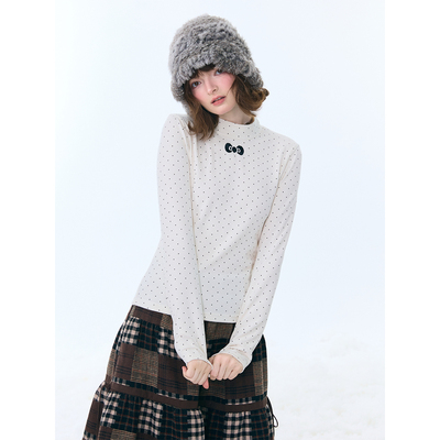 ziziFei秋冬季美式设计感半高领波点长袖t恤修身显瘦针织打底衫女