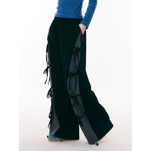 ziziFei''甜酷解构星球''秋冬季设计感黑色蝴蝶结波点休闲长裤女