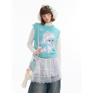 ziziFei秋冬新款 复古蓝绿色狗狗图案针织毛衣马甲背心女 马夹美式