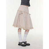 春夏新款 ziziFei 杏语 复古a字高腰显瘦蝴蝶结卡其色半身中裙女