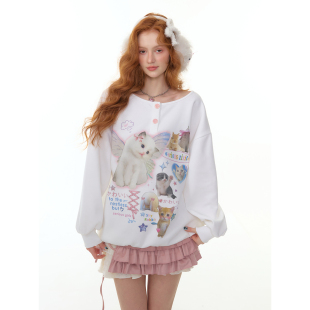 ziziFei秋冬美式 猫咪印花大圆领宽松慵懒风卫衣女 复古设计感新款