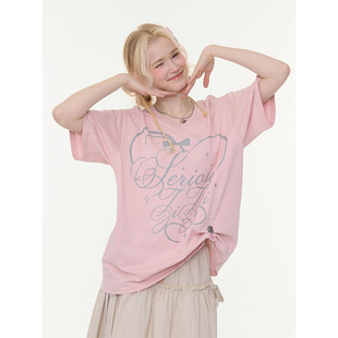 V领字母印花上衣粉色宽松基础短袖 夏季 t恤女 星落甜心 ziziFei