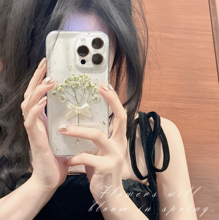 蝴蝶结满天星干花适用苹果16 14 15pro手机壳iPhone11 12 13promax滴胶真花XR XSMAX透明软壳7永生花12mini女