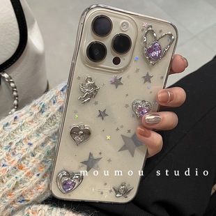 S15 t1软壳nex3s保护套S9 S12 S17pro滴胶T2X s7少女 S19手机壳S18 水钻立体金属星星丘比特天使适用vivoS16