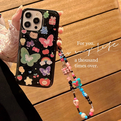 少女日韩彩色链条蝴蝶滴胶壳红米