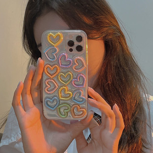 立体彩色镂空爱心适用苹果15 12mini保护套XR 13promax软壳11 8plus女滴胶壳 16promax镭射手机壳iphone14
