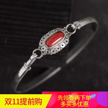 尼泊尔手工饰品银红色宝石手镯开口手环复古创意个性藏式民族风