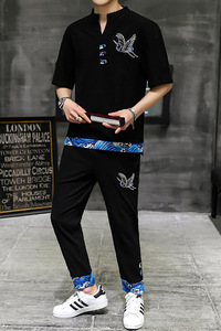 主推新款中国风大码刺绣棉麻男士休闲套装XZ313B-1-TZ889-P50图片