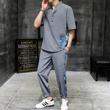 大货主推中国风男士大码刺绣棉麻休闲时尚套装XZ313B-1-TZ890-P55，男装休闲套装，星座313B-2