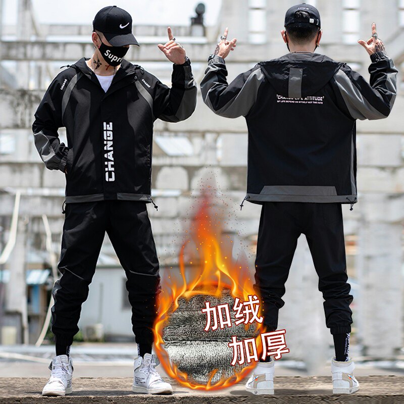 秋冬新款套装男加绒加厚休闲运动潮流两件套XZ313B-1-A80107-P100图片