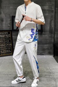 大货主推中国风男士大码刺绣棉麻休闲时尚套装XZ313B-1-TZ890-P55图片