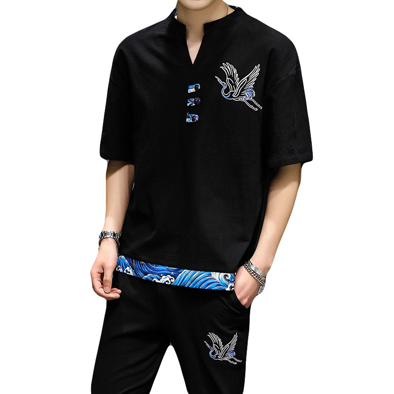 主推新款中国风大码刺绣棉麻男士休闲套装XZ313B-1-TZ889-P50,男装休闲套装,星座313B-2