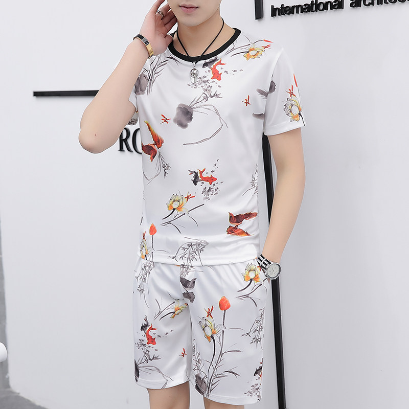 跑量款夏季男士圆领T恤短袖五分裤时尚休闲套装XZ313B-1-TZ89-P30图片