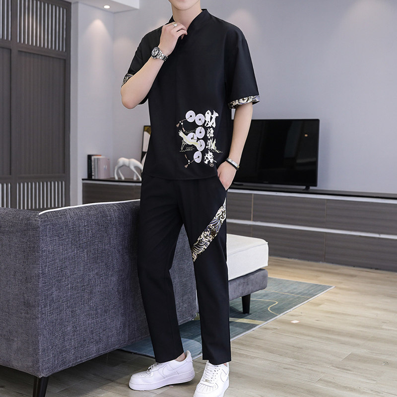 2021主推大货中国风短袖男士大码汉服休闲套装XZ313B-1-TZ888-P50图片