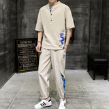 大货主推中国风男士大码刺绣棉麻休闲时尚套装XZ313B-1-TZ890-P55，男装休闲套装，星座313B-2