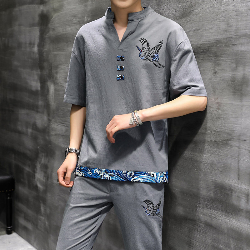 夏季主推中国风男大码刺绣棉麻休闲时尚套装XZ313B-1-TZ889-P50,男装休闲套装,星座313B-2