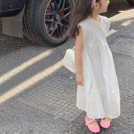 女童夏装连衣裙2025新款儿童蕾丝白色夏季裙子大童洋气无袖公主裙