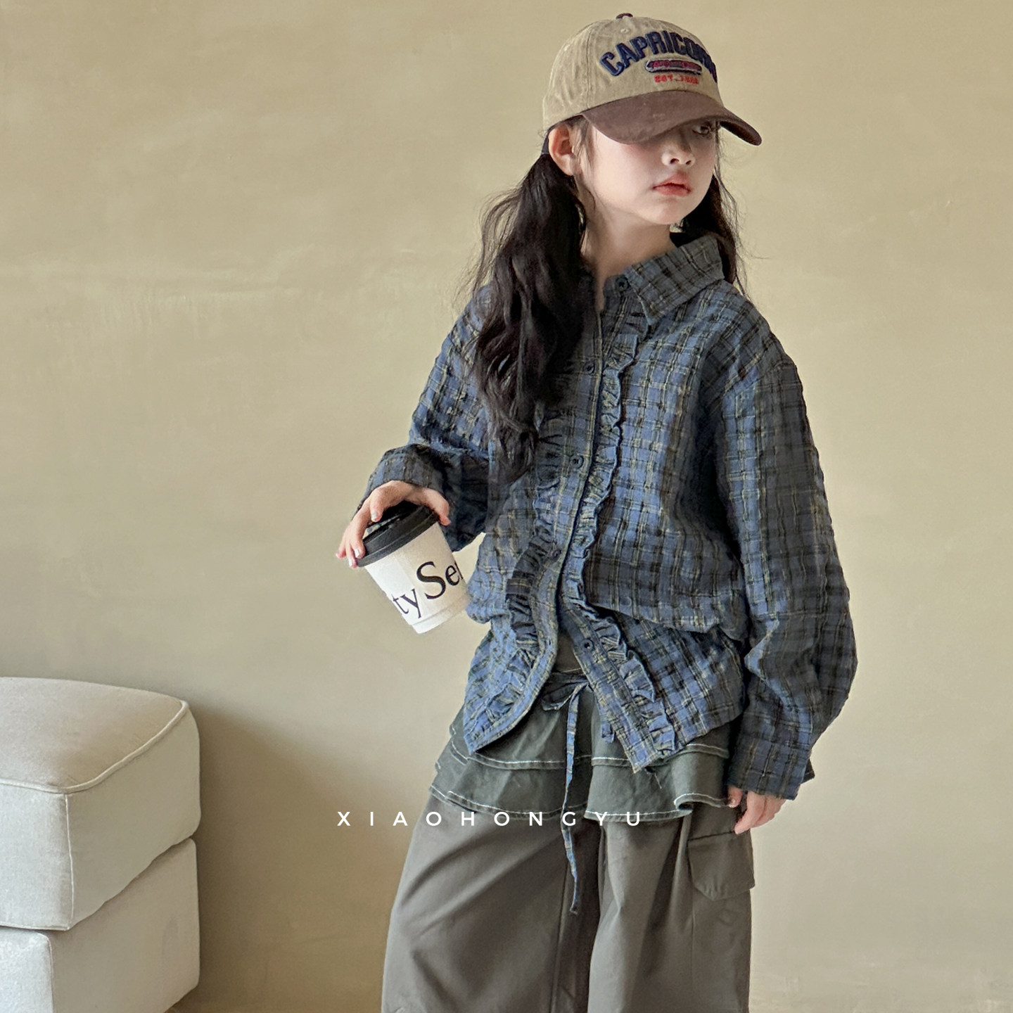 女童木耳边长袖衬衫秋装韩国童装青少年秋季格子衬衣女大童上衣服