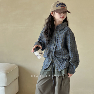 女童木耳边长袖衬衫秋装韩国童装青少年秋季格子衬衣女大童上衣服