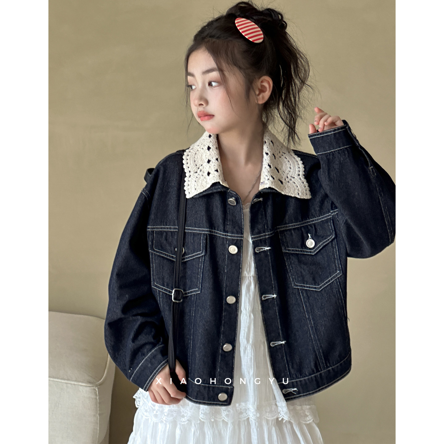 女童牛仔外套秋装韩国童装女大童秋季蕾丝拼接翻领上衣初中生外衣